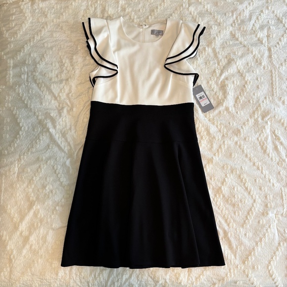 Black and off-white Ruffle Shoulder Dress - Picture 1 of 5